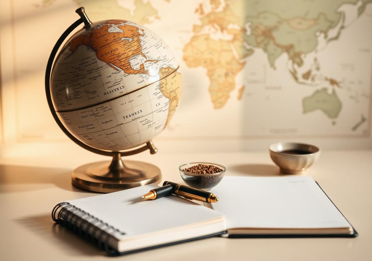 Globe, notebook and spice bowl on desk representing global export contact